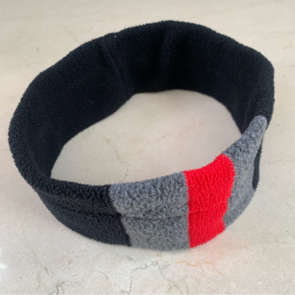 Eddie Bauer Fleece Ear Warmer Headband in black with red gray stripes O/S